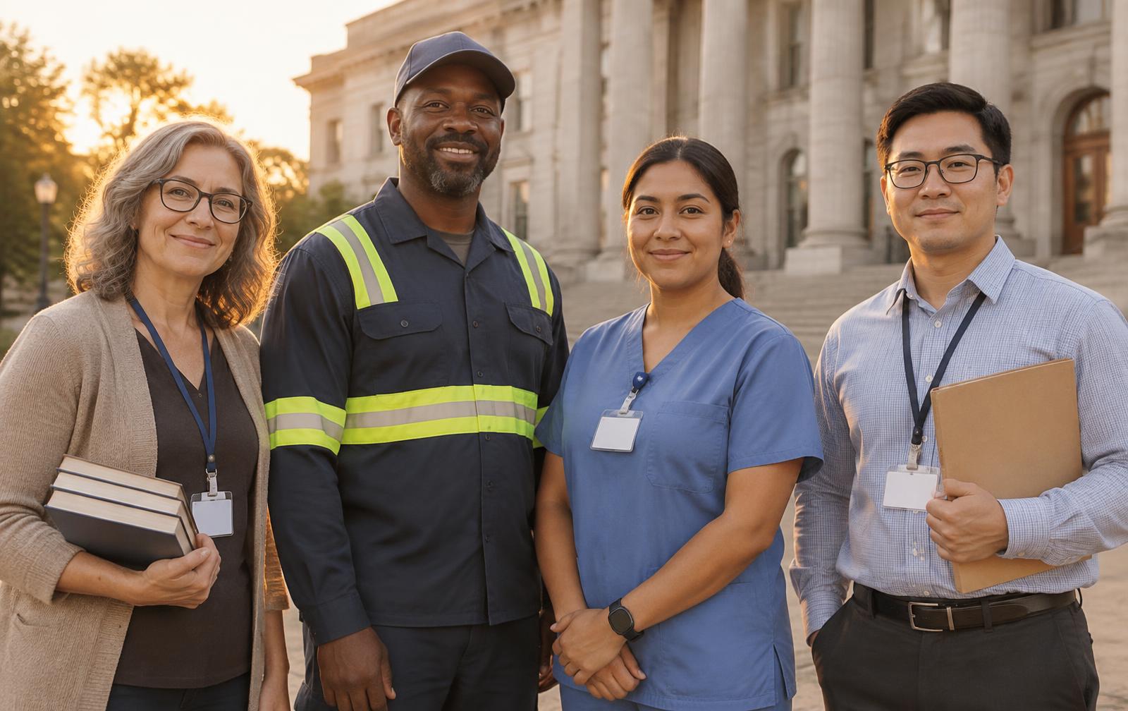 Public-sector union members in front of a municipal building